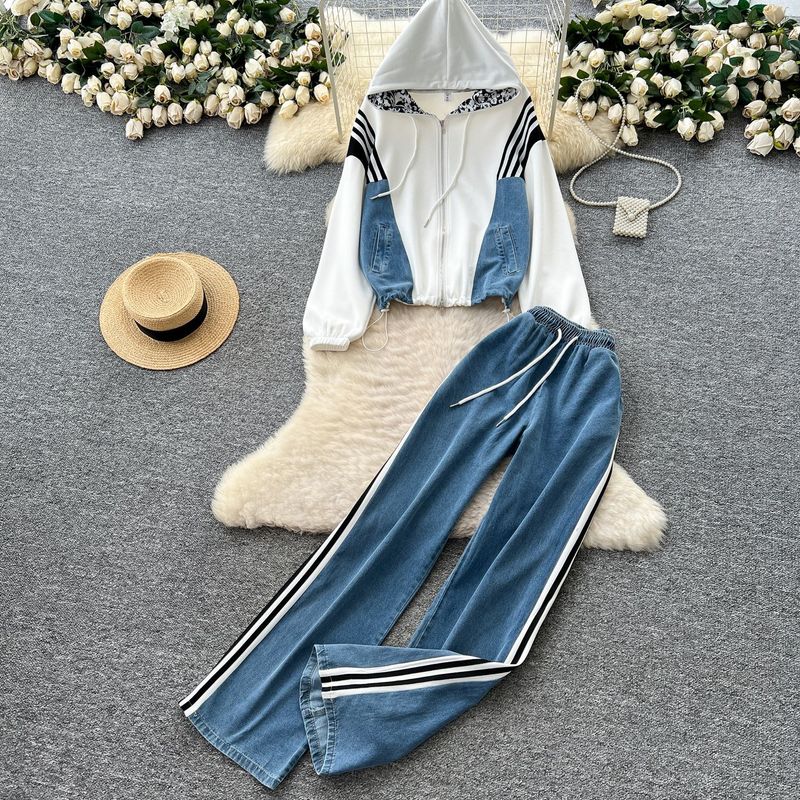 Costume de mode de style Hong Kong pour femmes automne ample décontracté couture de couleur contrastée veste à capuche taille haute denim pantalon large costume_voghion.com