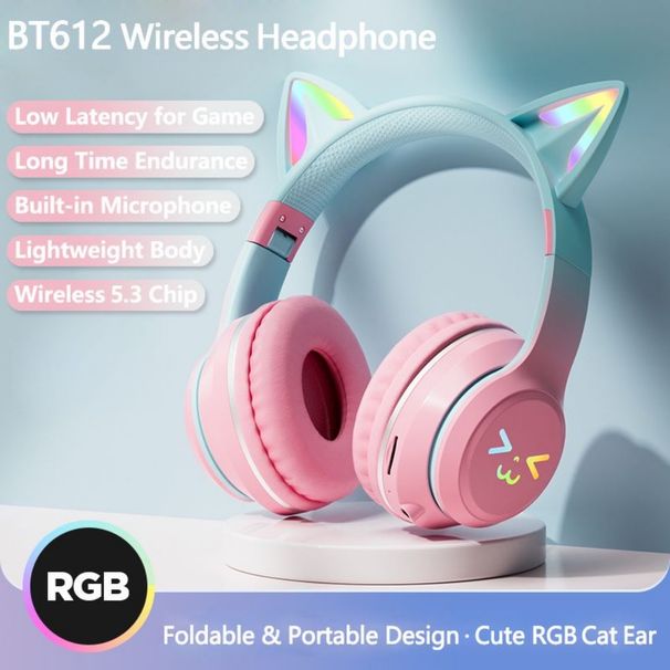 Bluetooth earphones cute styling earphones foldable breathing color light, can be linked and used on mobile phones, tablets, and other devices_voghion.com