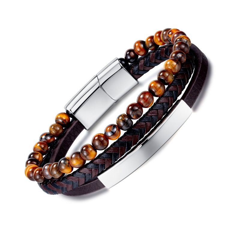 Bracciale da uomo in pelle intrecciata multistrato retrò personalizzato con perline in occhio di tigre e pietra_voghion.com
