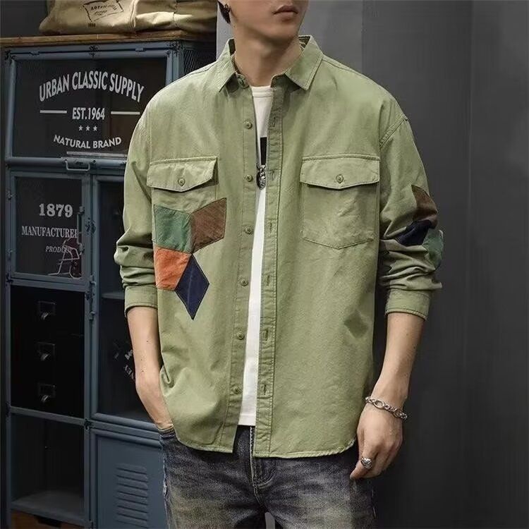 Camicia da lavoro casual e ampia a maniche lunghe, alla moda, per giovani, primavera e autunno, versatile, con patchwork, per uomo_voghion.com
