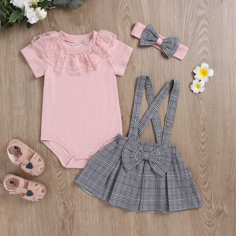 Mother & Kids Cotton Knitted Lace Jumpsuit Lace Romper With Bow & Checkered Dress Set - Soft Cotton Baby Girls Outfit (Pink, 3-Piece Set, 68-92cm)_voghion.com