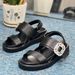 RHOADES Women's Flat Sandals - Elegant Rhinestone Buckle Strap Slides With Wide Band Design_voghion.com