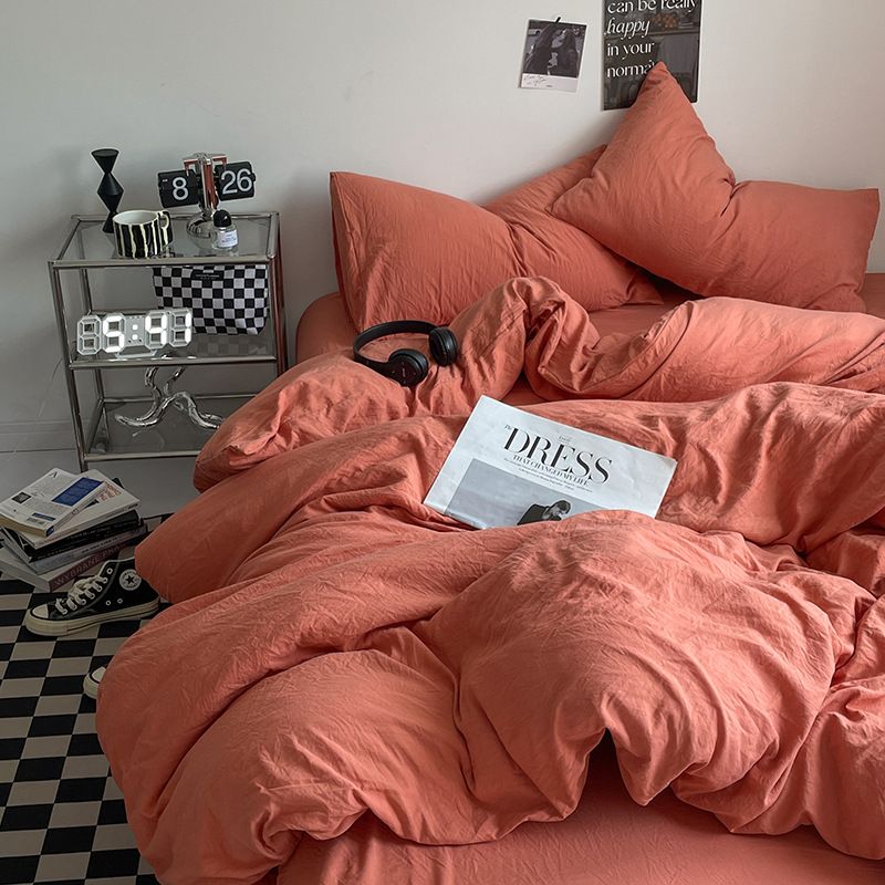 Komplet pościeli dziecięcej INS Solid Color A-Class Grade Washed Cotton, odpowiedni do spania nago, zawiera poszewkę na kołdrę i dopasowaną_voghion.com