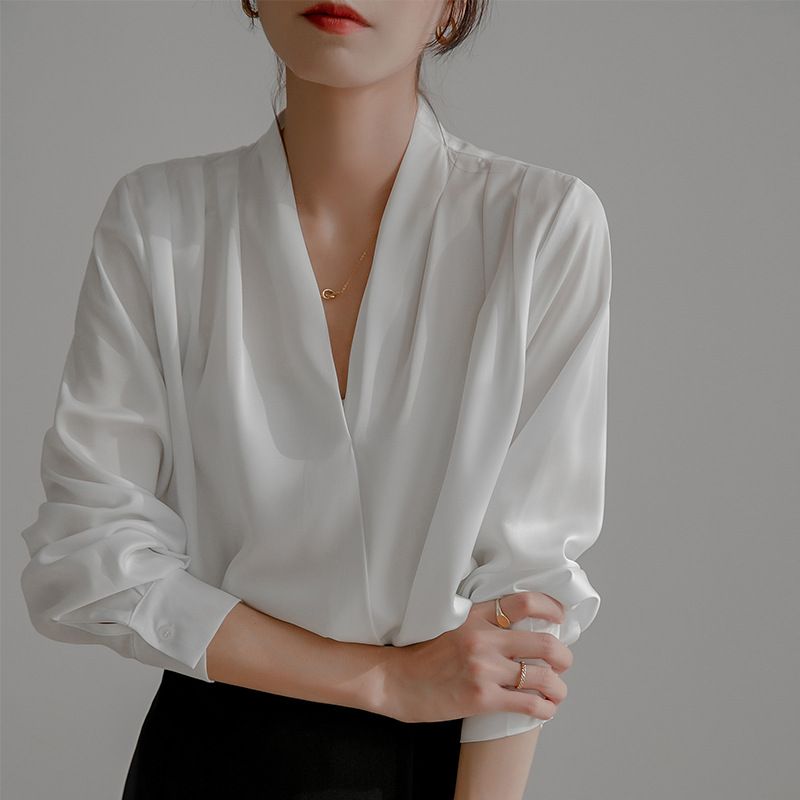 Camicia bianca primavera 2025, manica lunga da donna, design francese, top in seta di nicchia, camicia in raso professionale_voghion.com