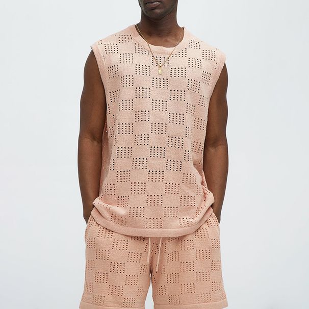 Vêtements pour hommes printemps et été, gilet sans manches, col rond, tricoté, décontracté, short ample, vêtements de sport deux pièces pour hommes_voghion.com