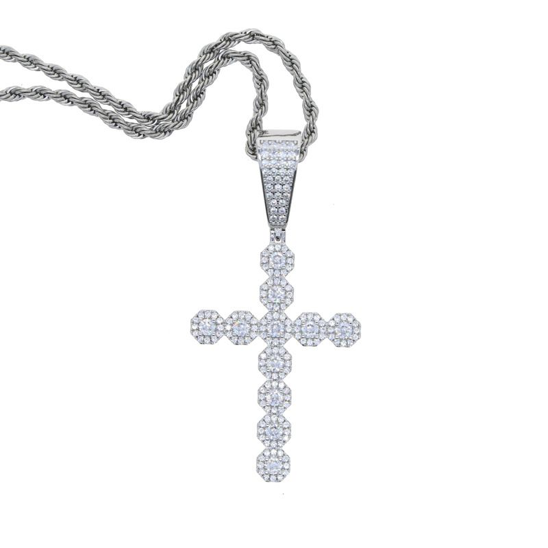 Collana con ciondolo a forma di croce in zircone con diamanti, stile hip hop, da uomo, tendenza moda._voghion.com