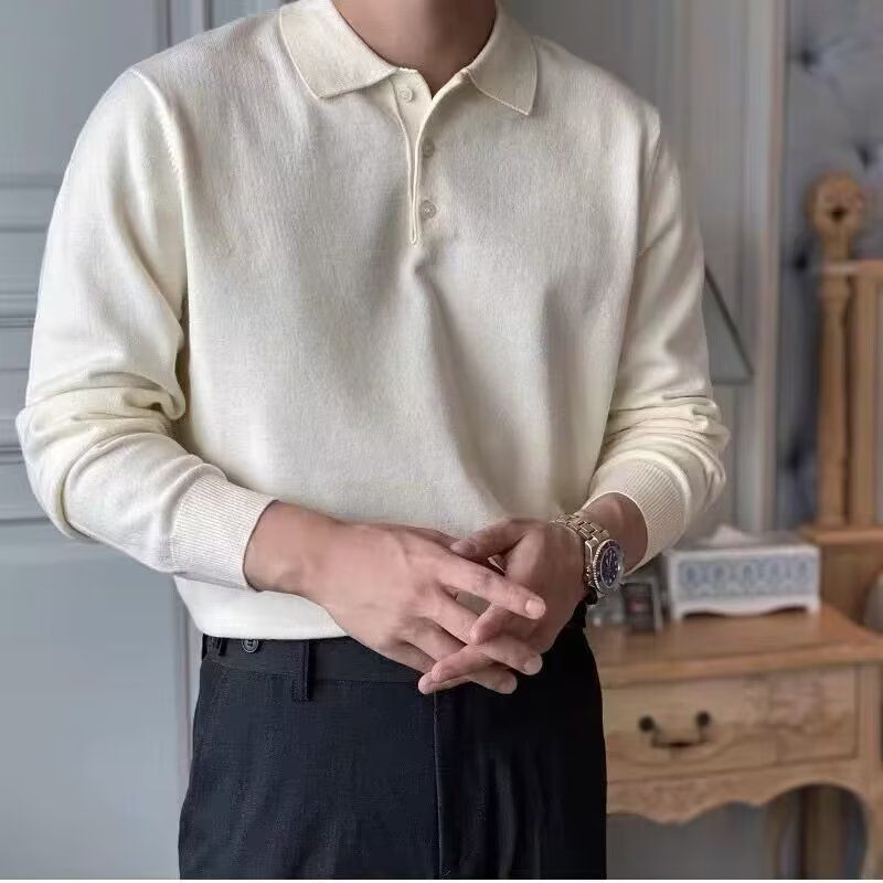 Herrenbekleidung 2024 Trendy Brand Einfarbiges Langarm-Poloshirt Herren Modischer All-Match-Retro-Pullover mit halben Knöpfen_voghion.com