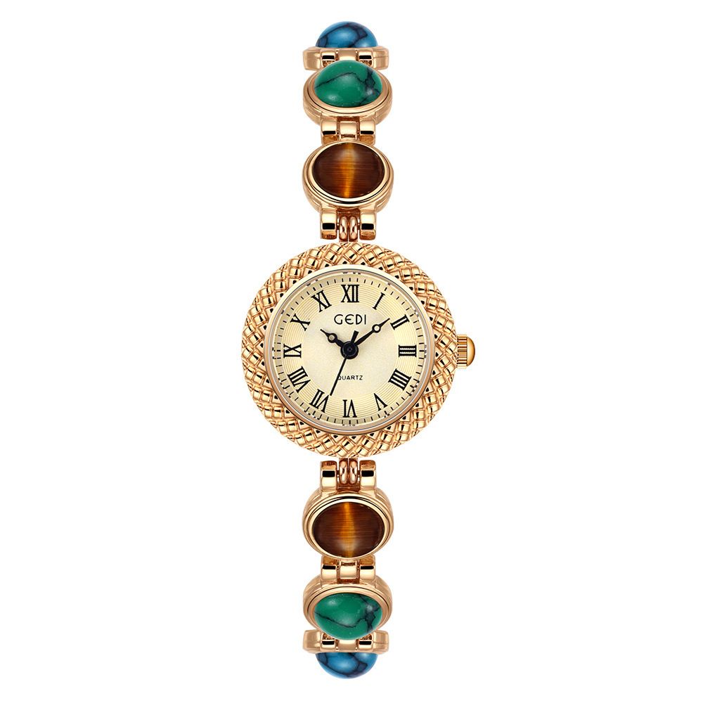 Gordy Vintage Light Luxury Colorful Turquoise Bracelet Niche High-End Cat's Eye Stone Chain Quartz Watch_voghion.com