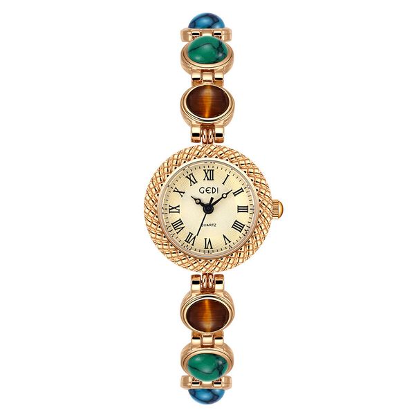 Gordy Vintage Light Luxury Colorful Turquoise Bracelet Niche High-End Cat's Eye Stone Chain Quartz Watch_voghion.com