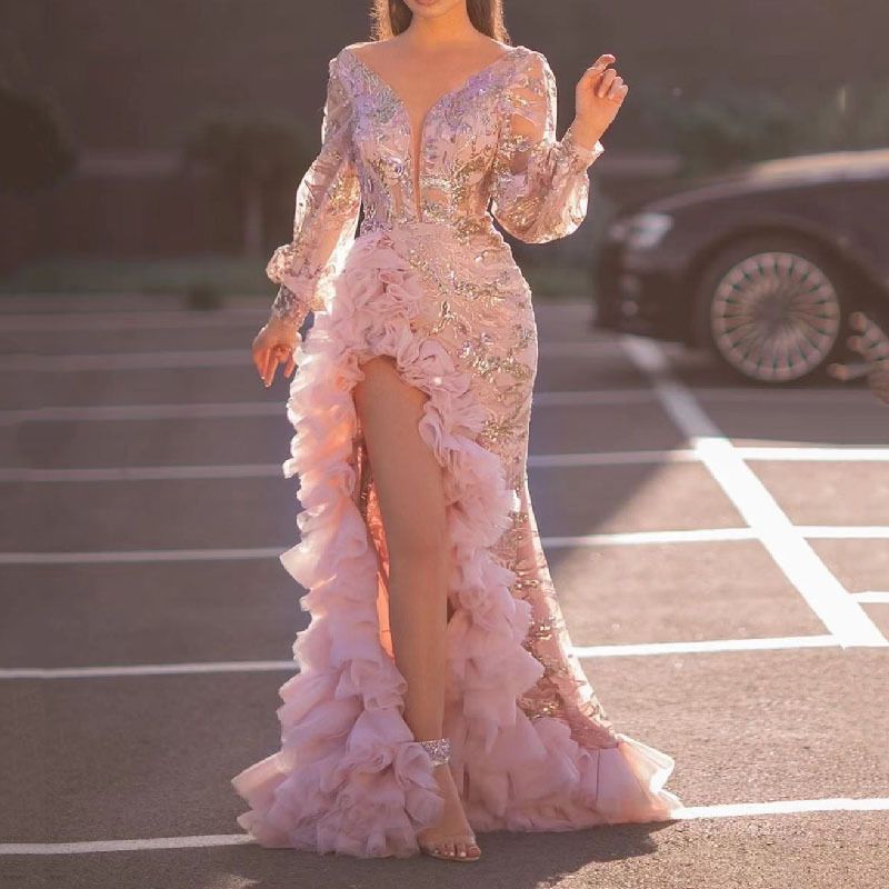 Women's Clothing Spring and Summer New Women's Sexy Hip Trailing Bead Pink Long Mesh Evening Dress_voghion.com