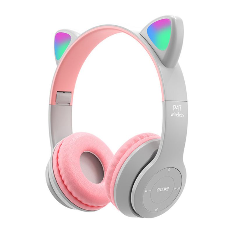 P47M Wireless Headphone Flash Light Cute Cat Ears Fone With Mic Control LED Stereo Music Helmet Phone Bluetooth Headset Gift_voghion.com