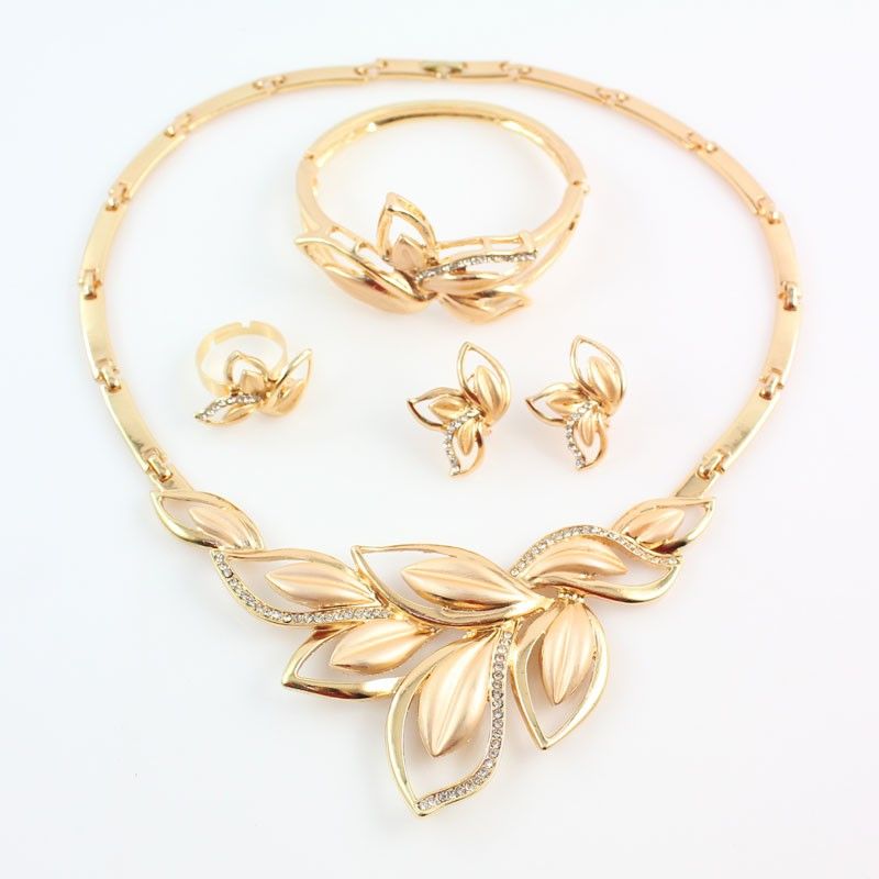 African Jewelry Necklace Earrings Dubai Gold Jewelry Sets for Women Wedding Bridal Bracelet Ring Leaves Jewelry Set_voghion.com