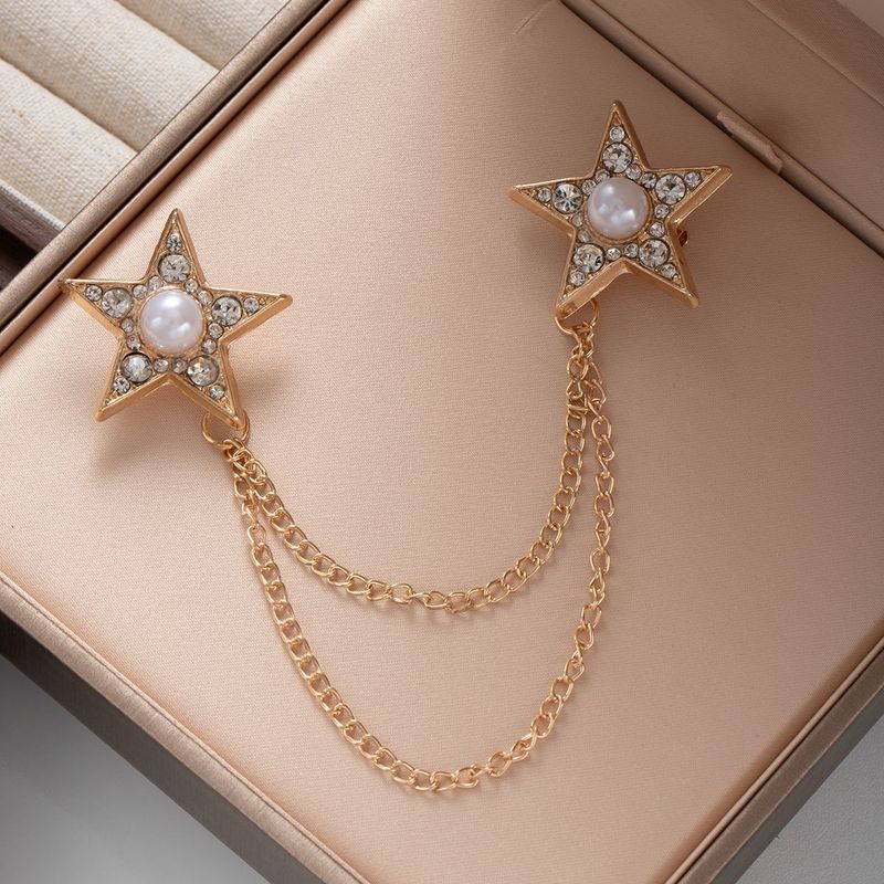 Broche de estrela pentagonal cravejado de diamantes britânicos da moda, acessórios de terno com borla e pérola, camisas masculinas e femininas_voghion.com