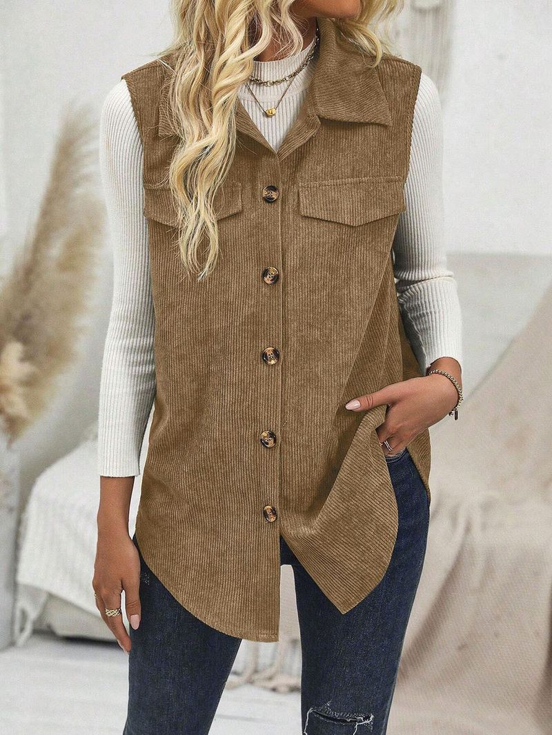 Gilet spolverino in velluto a coste da donna – Giacca lunga con bottoni e colletto a revers, cardigan casual da ufficio color cammello, capo essenziale per un look a strati in poliestere_voghion.com
