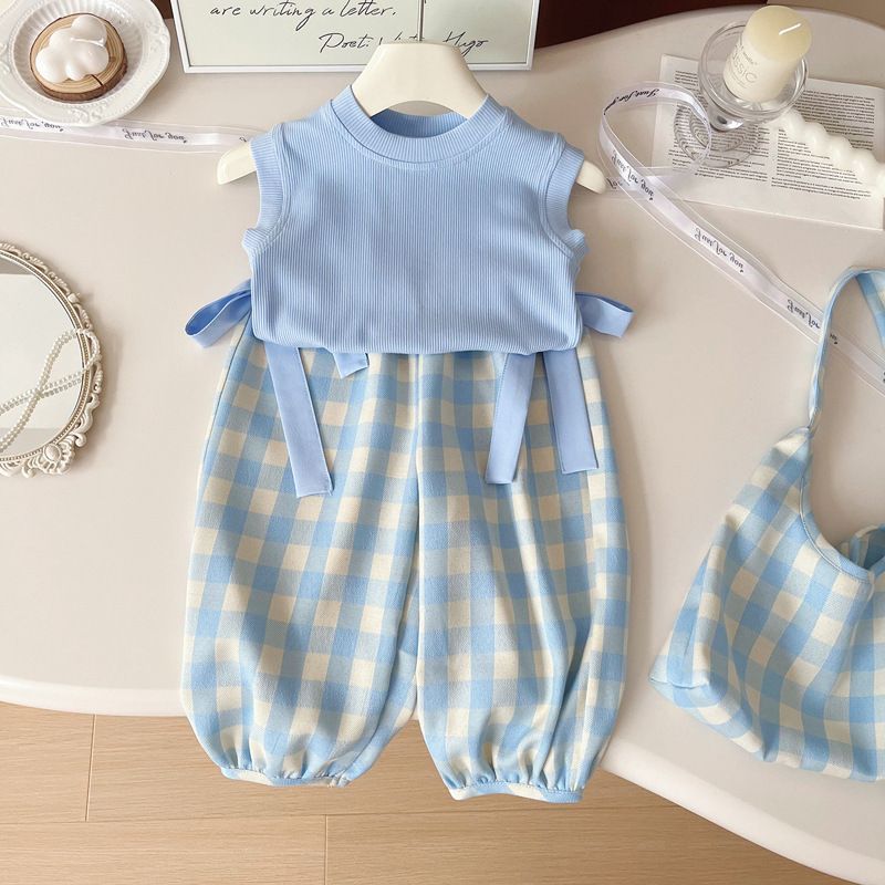 Dünner Sommer-Zweiteiler für Mutter und Kind im neuen Stil, modische Version des karierten Neun-Punkt-Hosenanzugs für kleine und mittelgroße Kinder_voghion.com