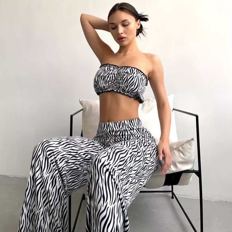 Autumn Striped Print Tube Top Long Pants Two-Piece Pajamas For Women Fashionable And Comfortable Homewear_voghion.com