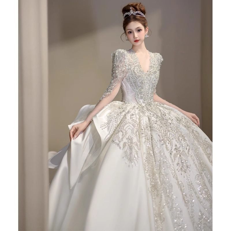 Vestido de noiva vintage de manga comprida para noiva – Vestido de baile de renda em A com cauda catedral, mangas princesa de cintura alta, vestido de noiva elegante de inverno_voghion.com