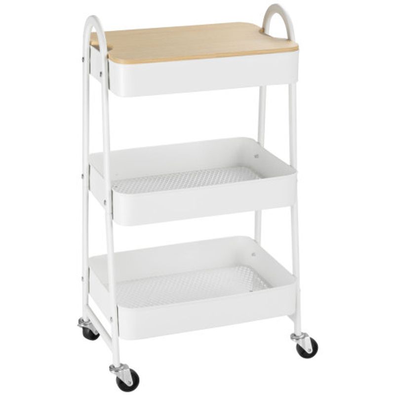 HOMCOM Carro de Cocina de 3 Ruedas de Metal con Gran Estatura y Cubierta para Cocina y Oficina, Acero Blanco 45x31x79,4cm_voghion.com