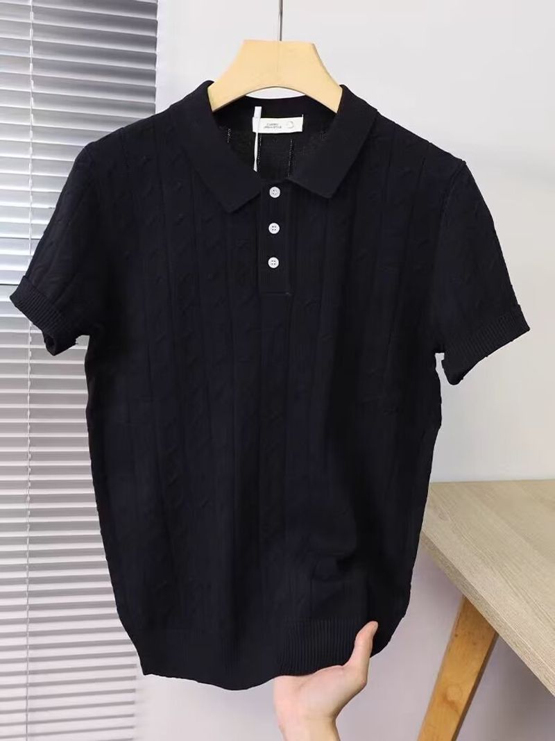 Men's Clothing Polo Shirt Men's Short Sleeved Lapel Hollow Knit Sweater Half Sleeved T Shirt Solid Color Thin Top_voghion.com