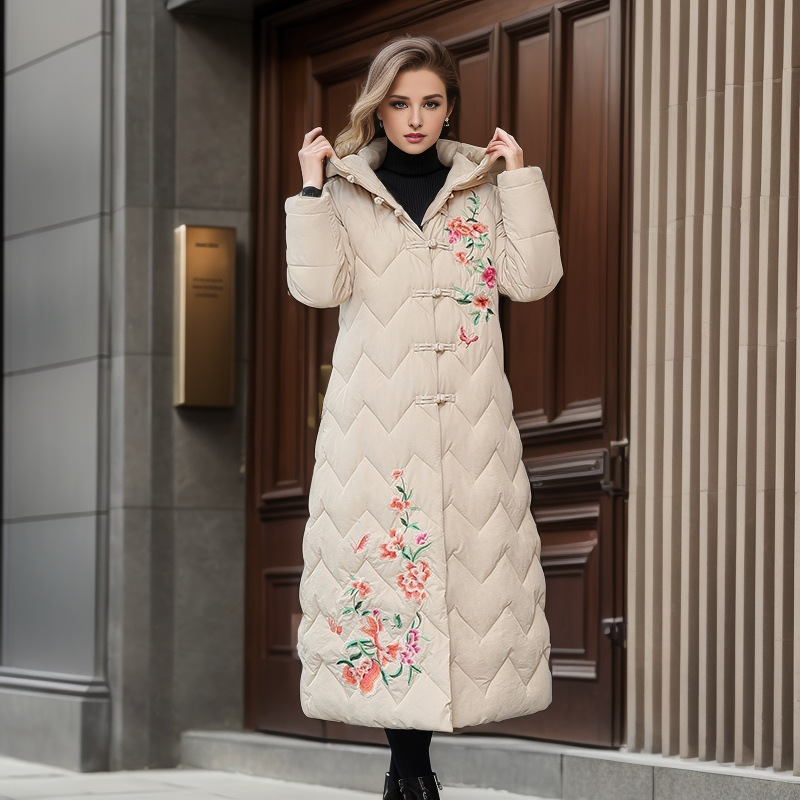 Giacca etnica retrò in cotone a vento Cappotto lungo in cotone con fibbia in cotone imbottito da donna in cotone lungo al ginocchio_voghion.com