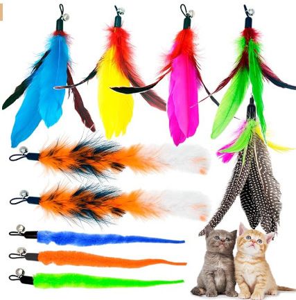 Bacchetta di peluche per gatti con testa di piuma sostituibile e asta estensibile, set di giocattoli da masticare per l'autointrattenimento dei gatti_voghion.com