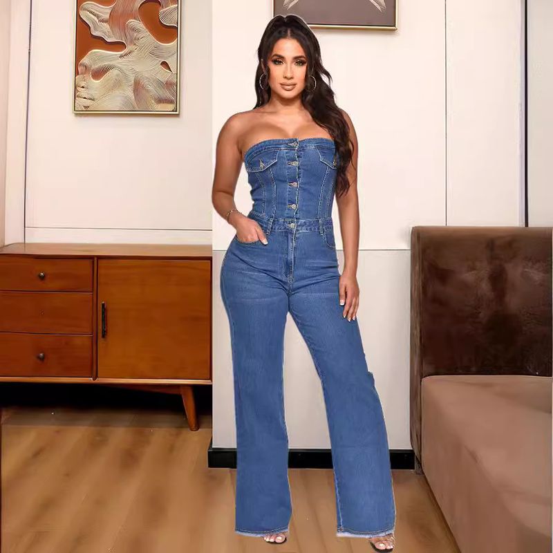 Women's Clothing New Tube Top One Shoulder Slim Fit Micro Flared Jumpsuit Jeans_voghion.com
