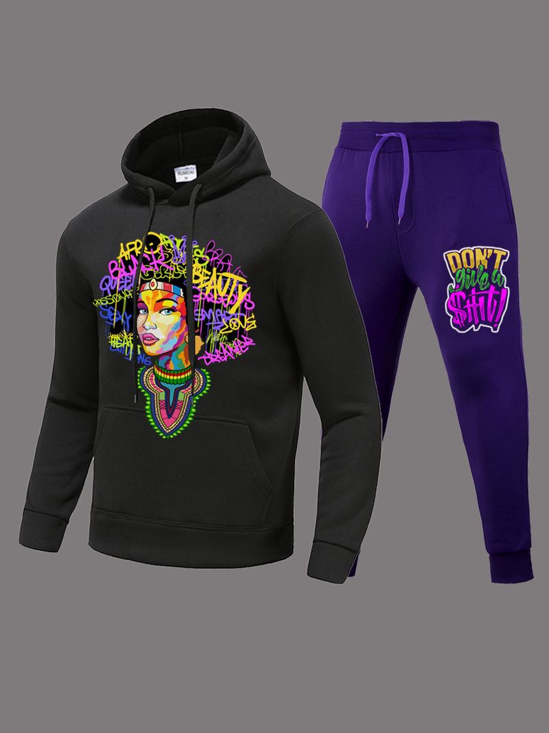  costume sweat à capuche color block Gille w lettre imprimé sweat et pantalon de survêtement pour femme, grande taille_voghion.com