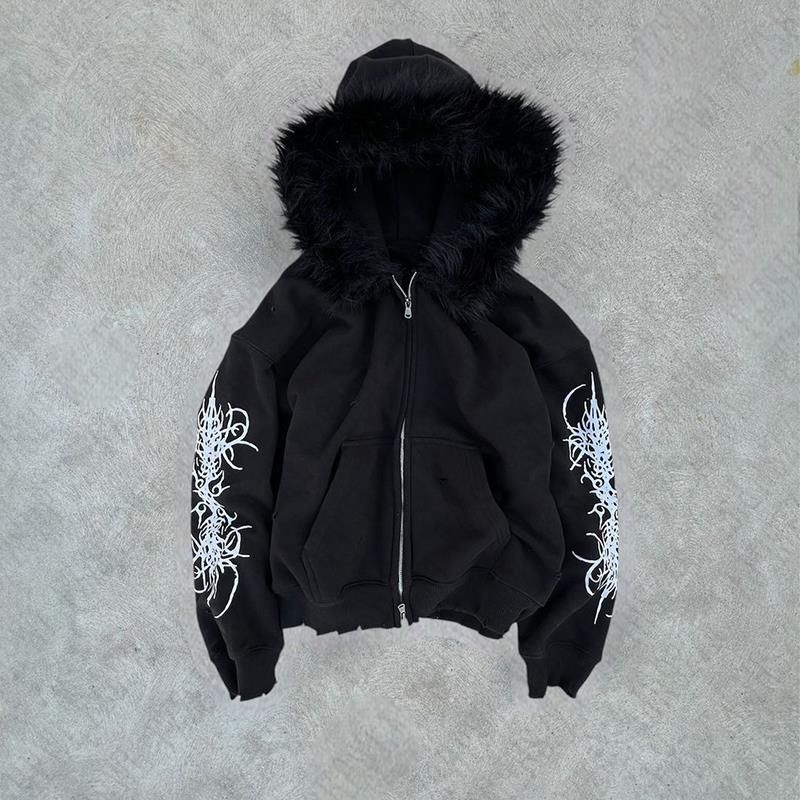 Y2K Zip Up Hoodie Rock Goth Harajuku Graphic Print Casual Zipper Hoodie Sweatshirt Vintage Punk High Street Hiphop Clothes Loose_voghion.com
