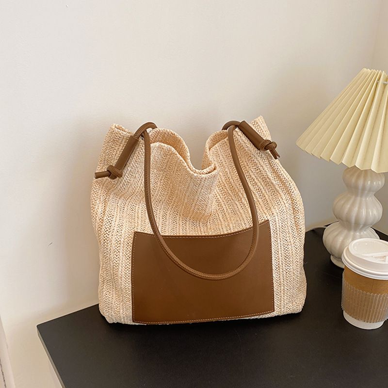 Borsa a tracolla in paglia lavorata a maglia e traforata, grande capacità, fatta a mano, borsa da spiaggia casual da donna_voghion.com