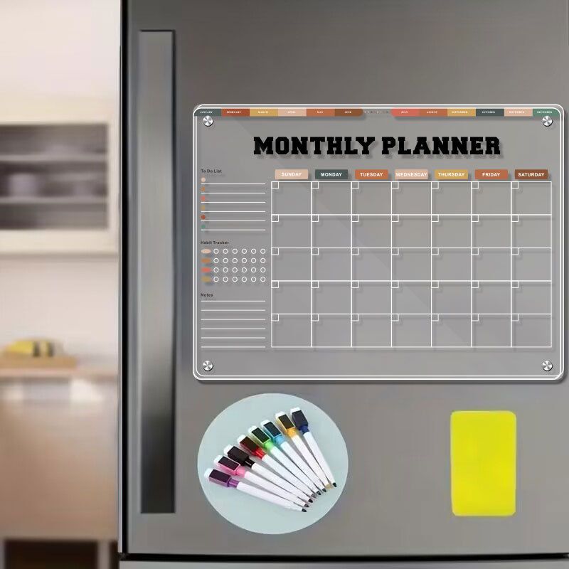 Tableau effaçable à sec en acrylique, tableau d'affichage effaçable, tableau d'écriture, planificateur hebdomadaire et mensuel, tableau magnétique pour réfrigérateur, tableau blanc_voghion.com