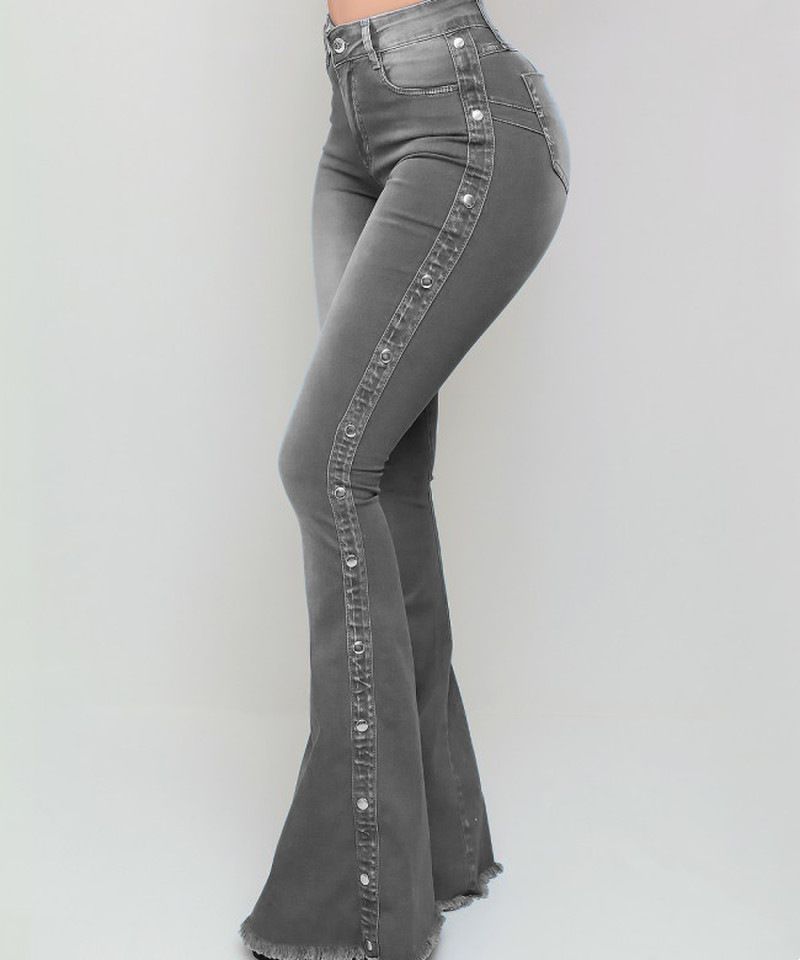 High waist elastic mop flared jeans ladies trousers_voghion.com