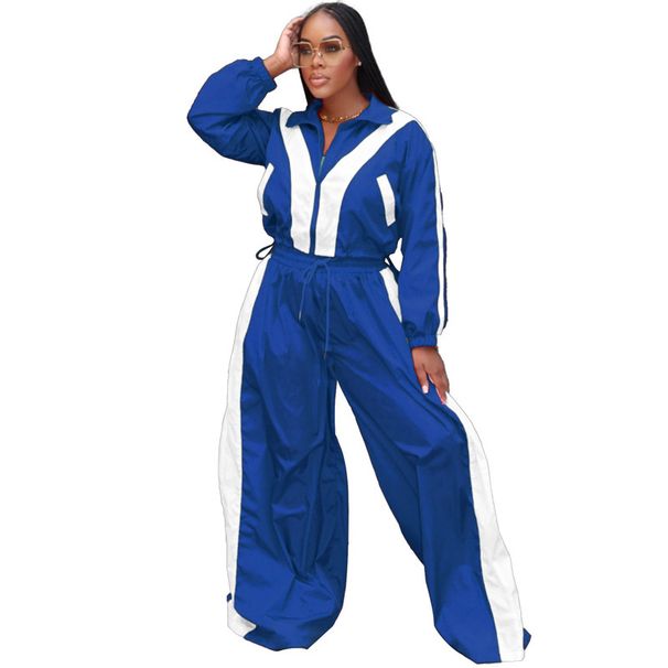 Women's Clothing New Fashion Contrast Color Zipper Jacket Wide Leg Pants Sports Leisure Suit Two Piece Set_voghion.com