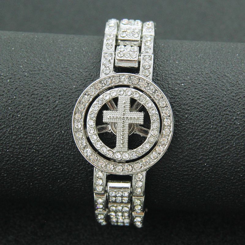 Pulseira de relógio de cruz rotativa criativa personalizada hip hop pulseira masculina dominadora pulseira de diamante completo_voghion.com