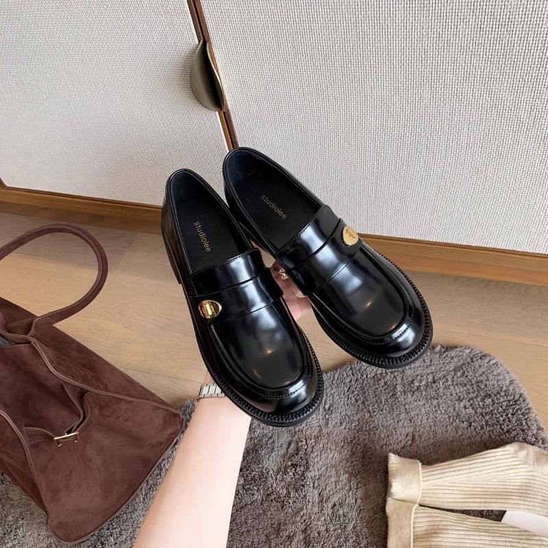 Grape Mom Studiolee Nieuwe veelzijdige ronde kop gouden gesp een stap dikke hak Le Fu kleine leren schoenen voor_voghion.com
