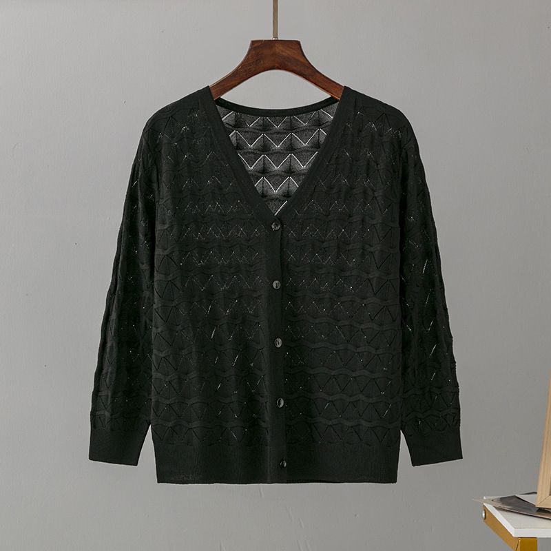 Women's clothing V-neck thin jacket solid color simple temperament hollow jacquard fashion age-reducing knitted cardigan sunscreen women_voghion.com