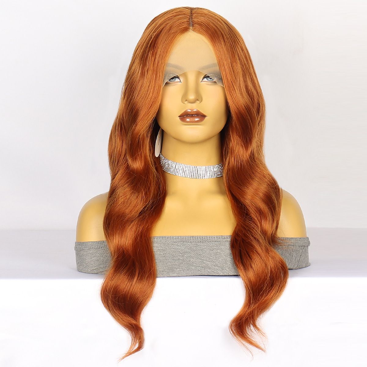 Synthetische Clip-in-Perücke, modische Perücke, Spitzen-Kopfbedeckung, schmutziges Orange, langes lockiges Haar, mittellanges Kopfbedeckung aus gespaltener Faser, Hochtemperaturdraht_voghion.com