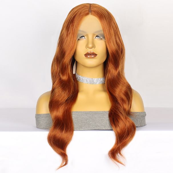 Synthetische Clip-in-Perücke, modische Perücke, Spitzen-Kopfbedeckung, schmutziges Orange, langes lockiges Haar, mittellanges Kopfbedeckung aus gespaltener Faser, Hochtemperaturdraht_voghion.com