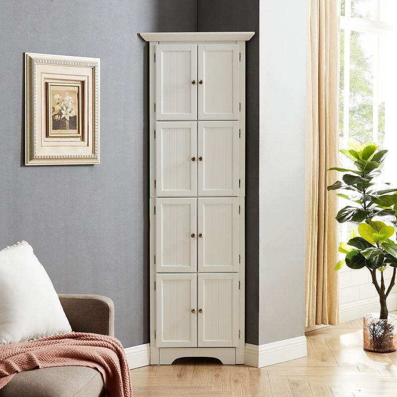Tall Storage Cabinet With Doors And 4 Shelves For Living Room, Kitchen, Office, Bedroom, Bathroom, Modern, White_voghion.com