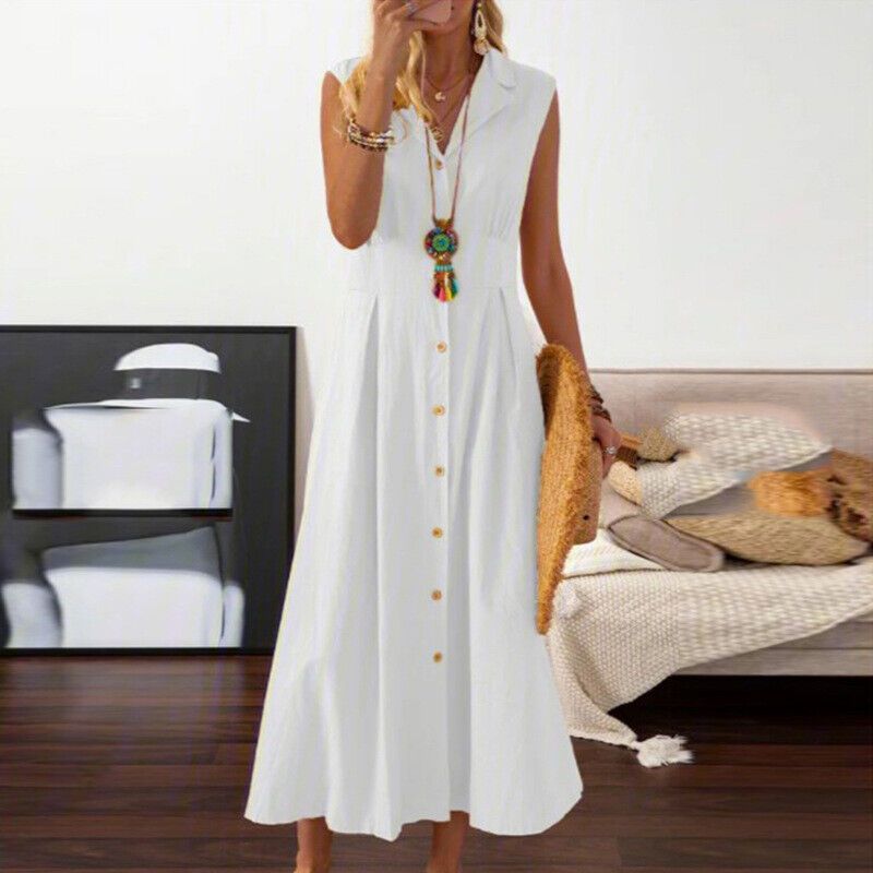 Abito da donna in cotone e lino, gonna lunga con bottoni in tinta unita, colletto nuovo_voghion.com