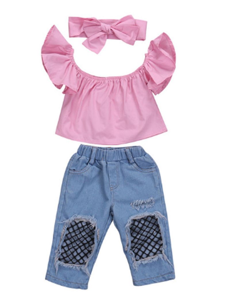 Completo tre pezzi con top a tubino e jeans a rete per bambine, molto popolare per mamma e bambini_voghion.com