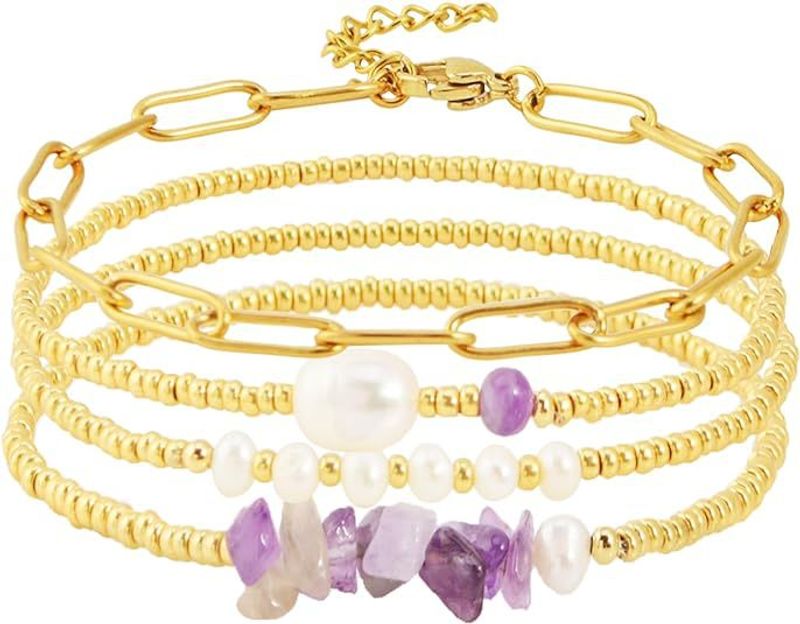 Vergoldetes Büroklammer-Armband, zarte Perlen, unregelmäßiger Kristall, Damen-Armband-Set_voghion.com