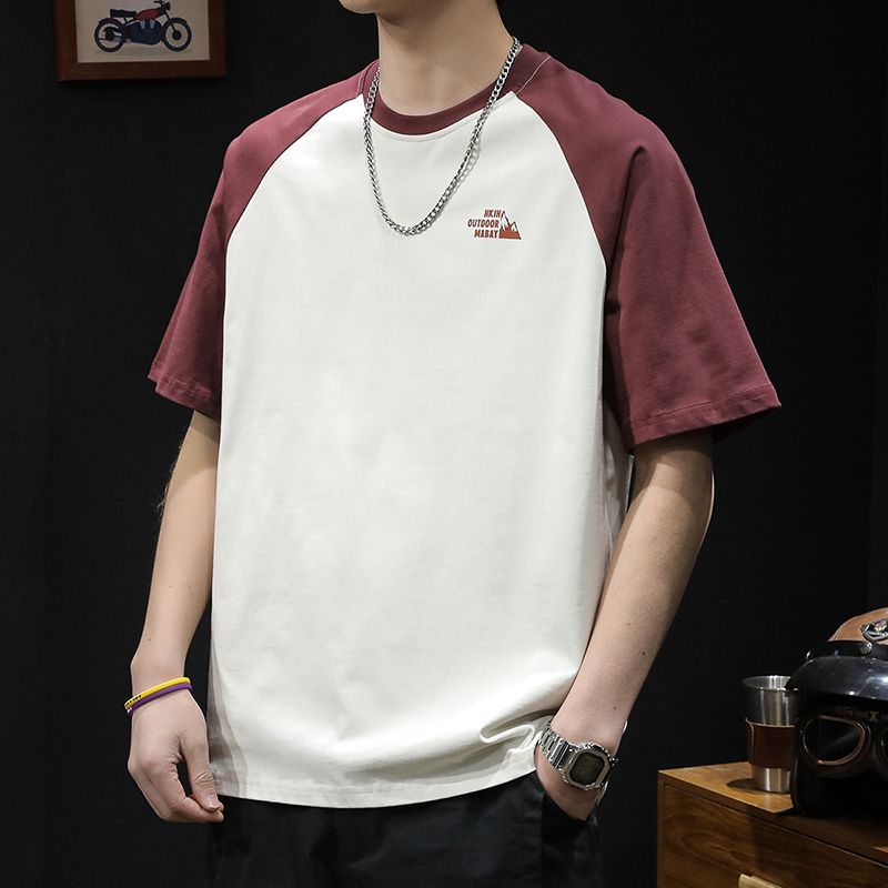 Camiseta de manga corta retro americana, top holgado de algodón con cuello redondo y manga raglán de patchwork de marca de moda de verano para hombre_voghion.com