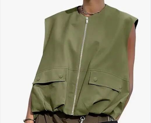 Gilet streetwear tendance à ourlet volanté - Polyester tissé léger, col rond, fermeture éclair sur le devant - Jaune, noir, gris clair, vert kaki (S/M/L/XL)_voghion.com