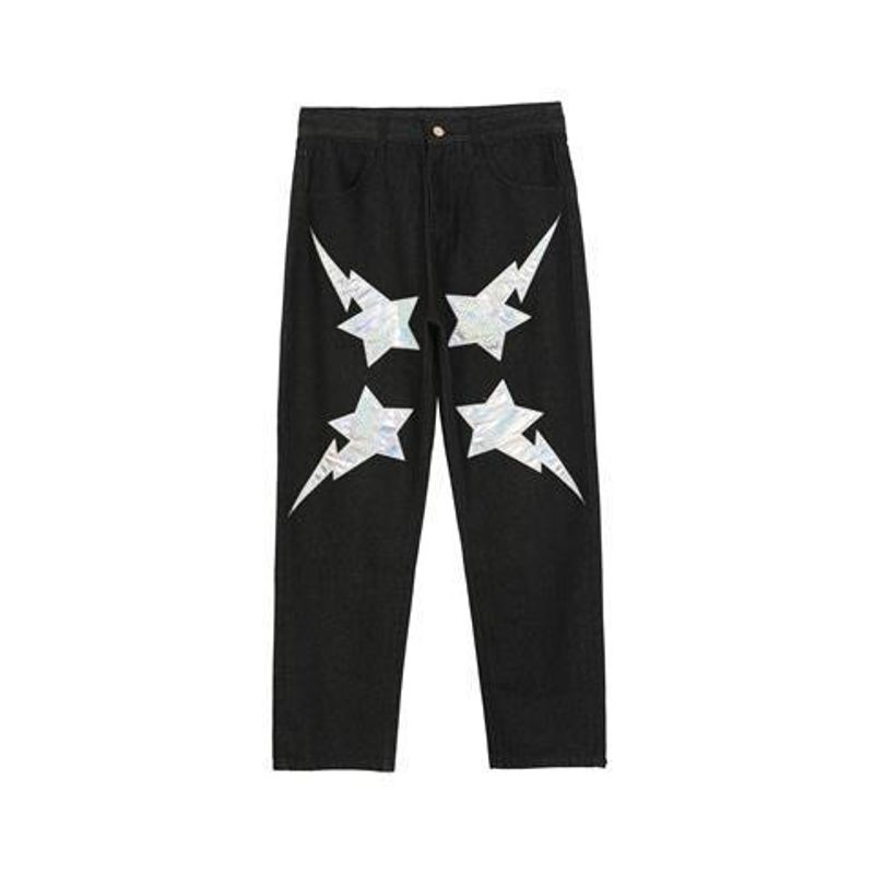 Vêtements pour hommes, tendance nationale originale, hip hop street lightning, patch étoile à cinq branches, ample, décontracté, jambe large, tendance, jeans hiphop_voghion.com