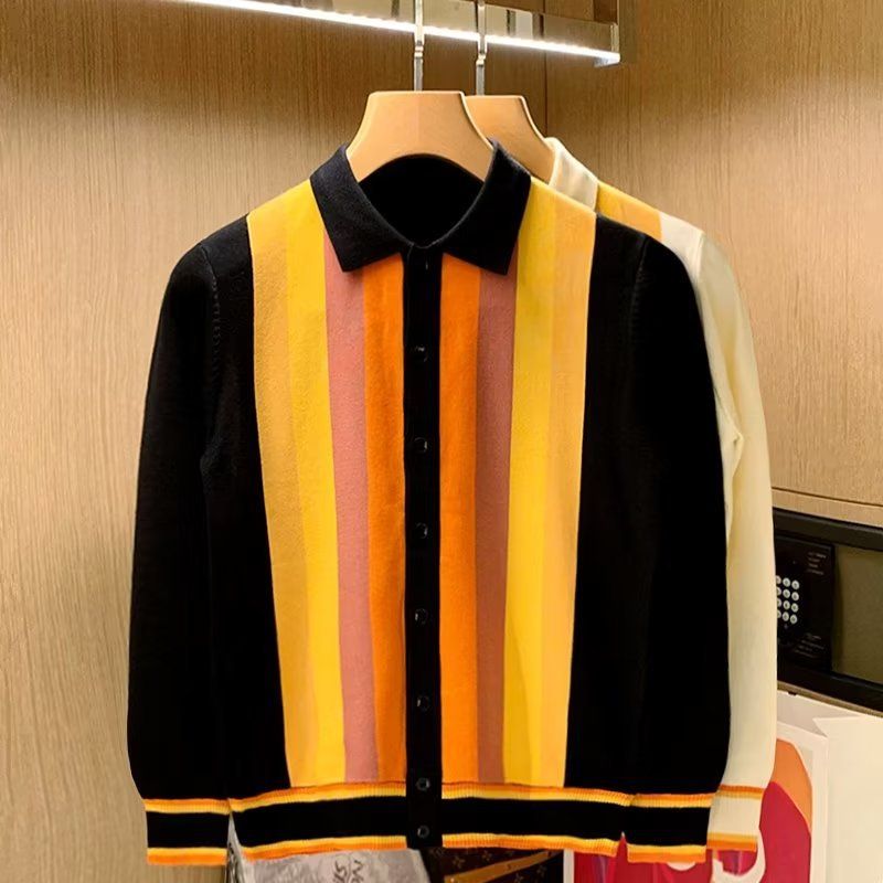 Men's Clothing Autumn and winter new fashionable knitted cardigan sweater jacket men's contrast color striped lapel versatile casual tops trend_voghion.com