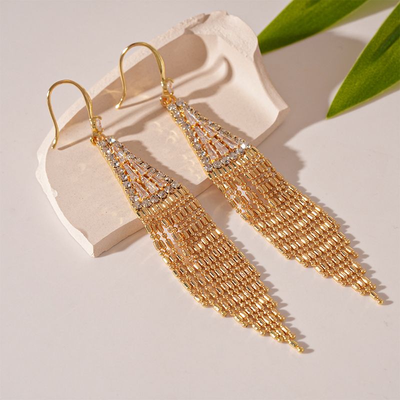 Elegant Metallic Zircon Diamond Triangular Tassel Ear Hook Earrings_voghion.com