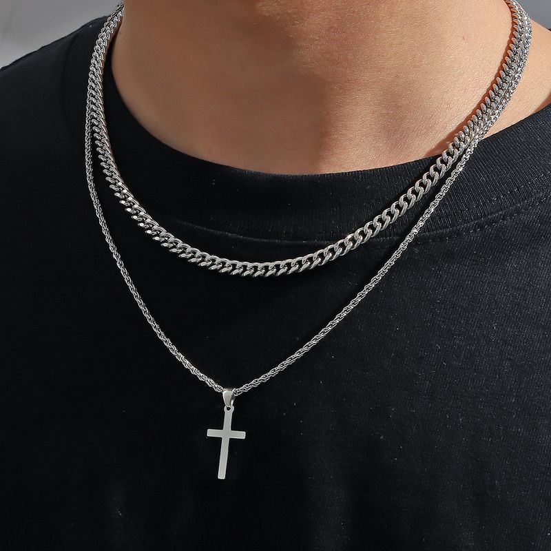 Collana con croce a doppio strato per uomo, stile coreano alla moda, temperamento freddo, personalità cubana, semplice, stile freddo, bello._voghion.com