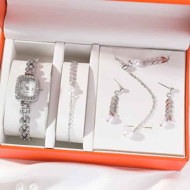 Ms. J's new niche design diamond studded small square watch steel strap quartz watch + ins style jewelry set_voghion.com