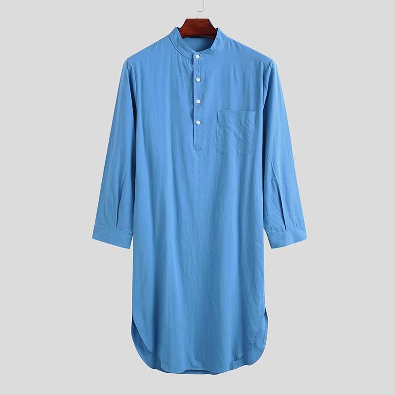 Muzułmańskie męskie szaty z długimi rękawami, guzikami, jednokolorowa koszula arabska, krzyżowa męska szata retro_voghion.com