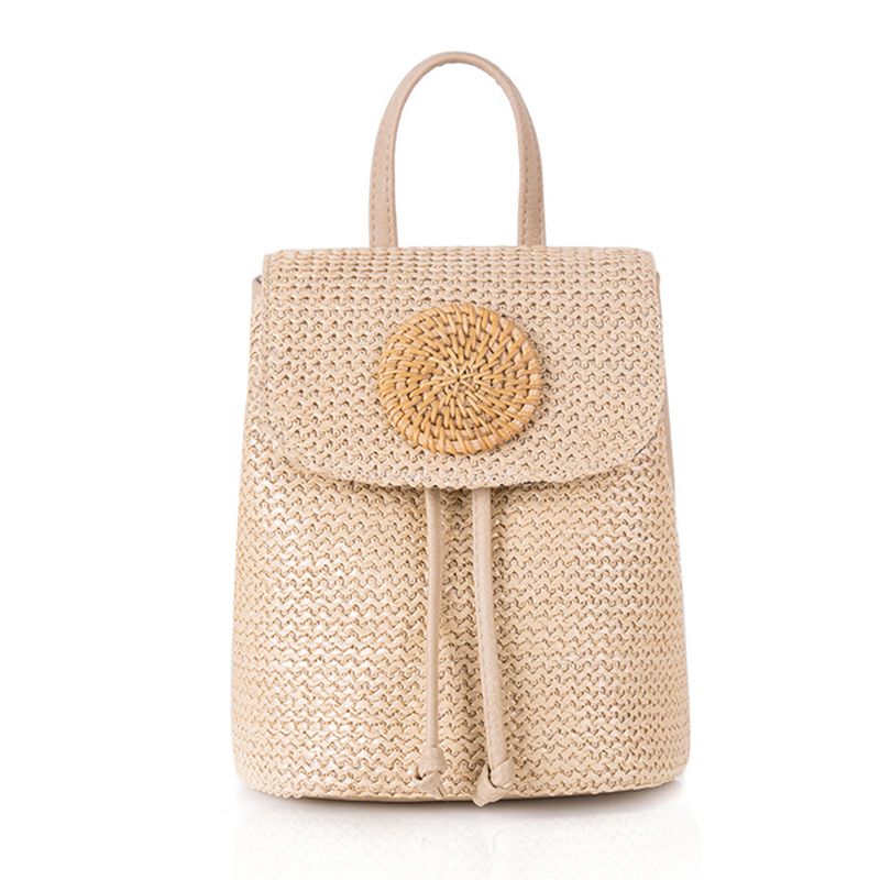 Lihao Straw Backpack Large Capacity All Match Drawstring Summer Tote Woven Handle Shoulder Bag for Beach -Brown_voghion.com